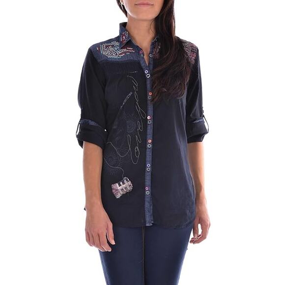 Desigual Tops - Desigual Womens Button Front Cambray Top Embroidered Navy Blue Shirt Size M  EUC